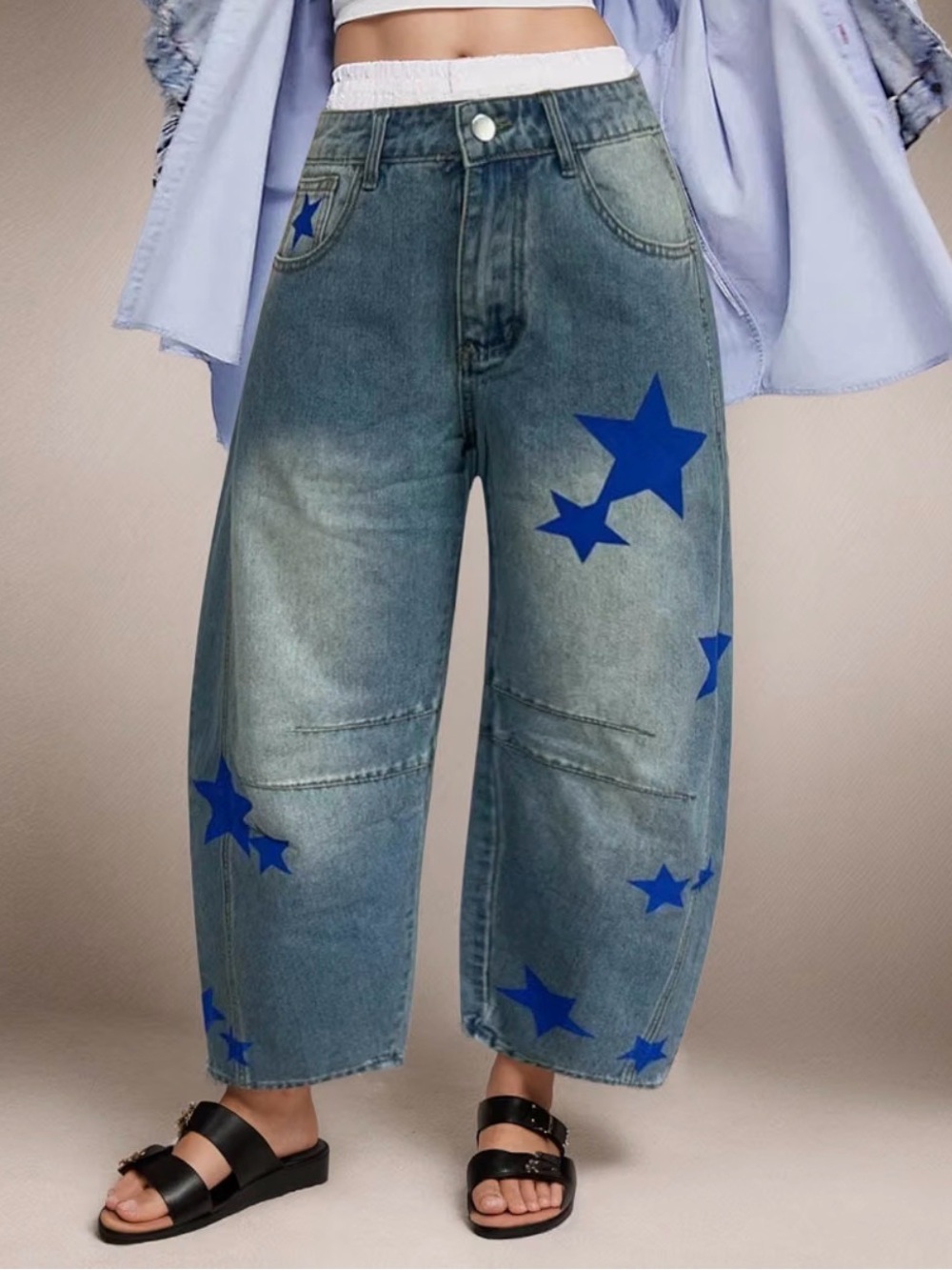 Boutique Light Wash Blue Printed Star Barrel Jeans Rounded Leg High Rise Sz M /L